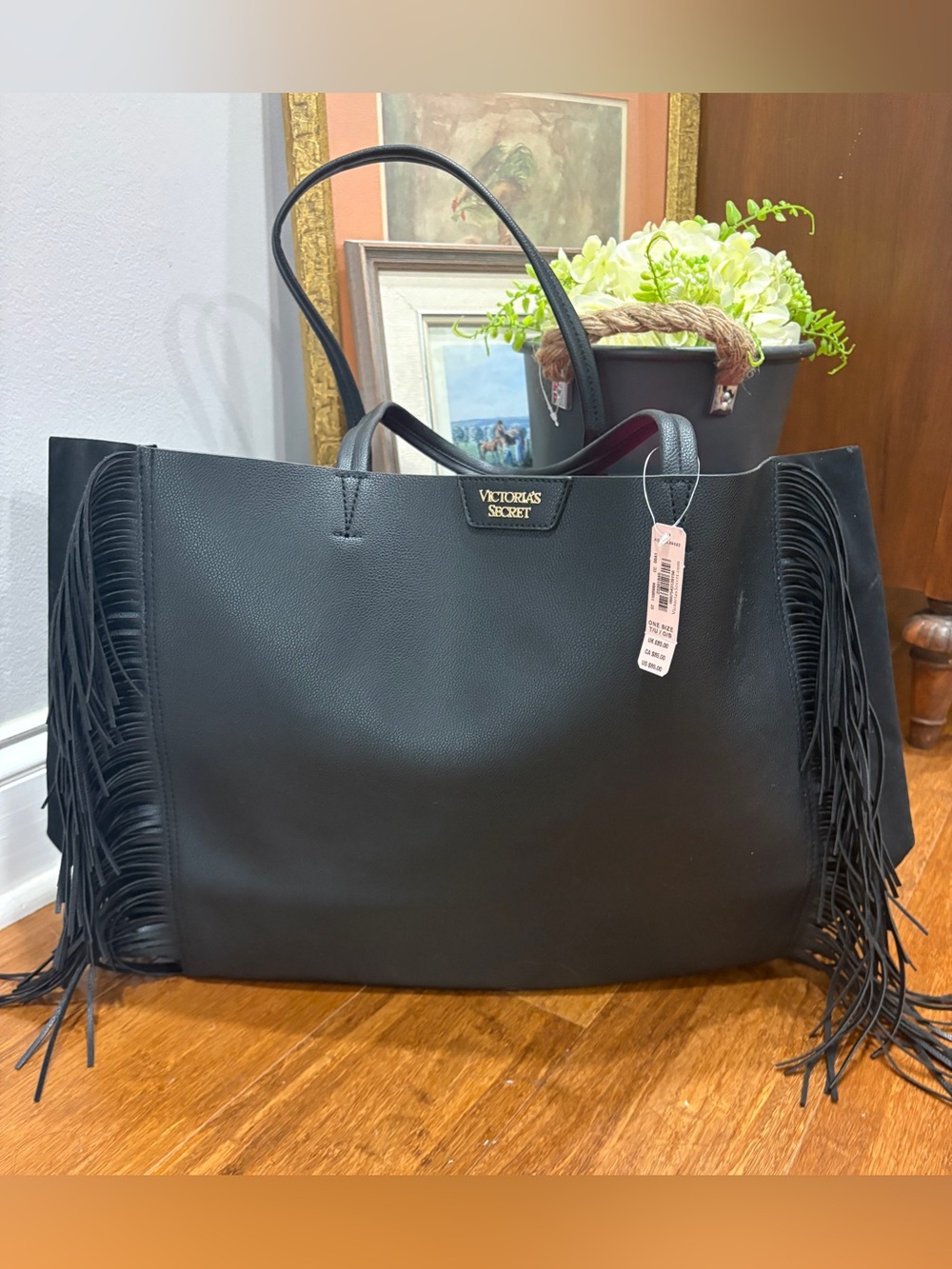 NWT Victoria's Secret Black Fringe Trim Large Tote Bag Boho Western Cowgirl Cool